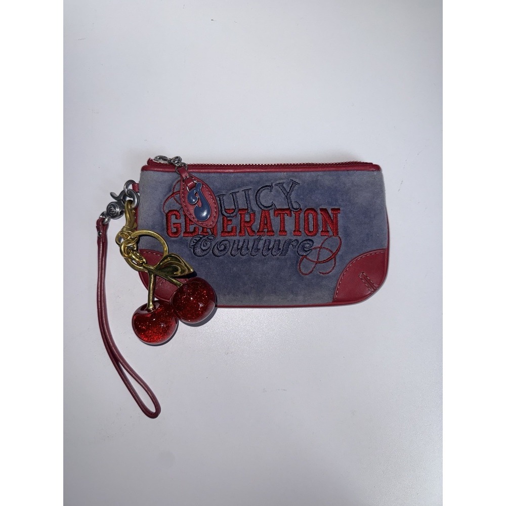 Vtg Juicy Couture Red Velour With Navy Wristlet Wallet Y2K  Rare Charm Cherry Y‎